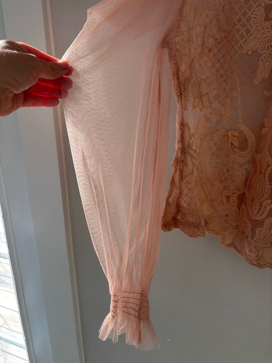 Peach Lace Mesh Puff Sleeve Crop Top Romantic Coquette Sheer Blouse S - Picture 12 of 15